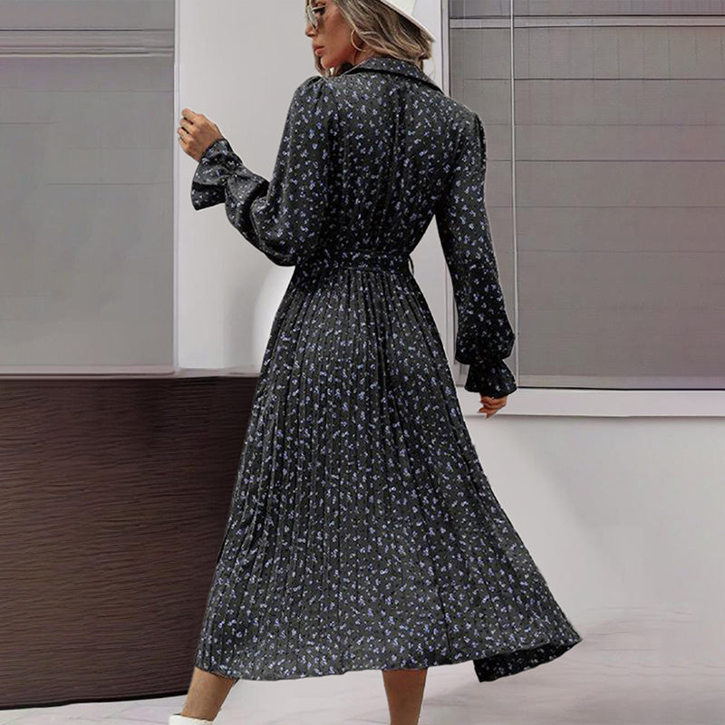 Women's Long Sleeve V Neck Button Down Belted A-Line Flowy Midi Shirt Dress