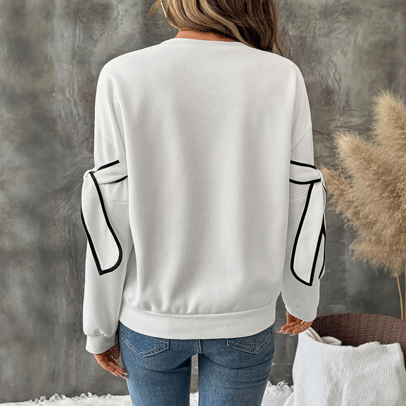 Bow Round Neck Long Sleeve Pullover Hoodie Women