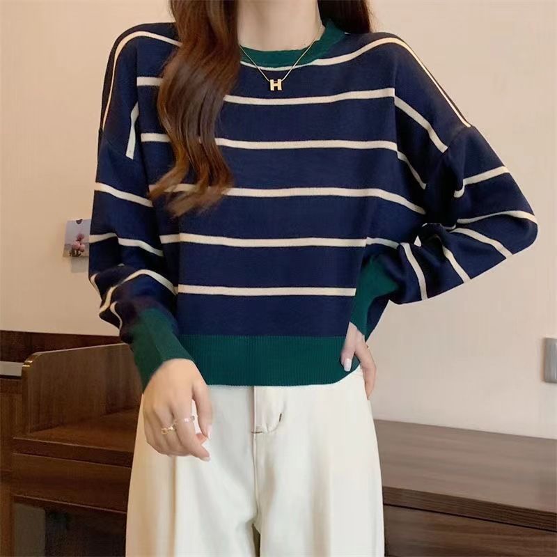 Round Neck Striped Pullover Short Long Sleeve Slim Fit