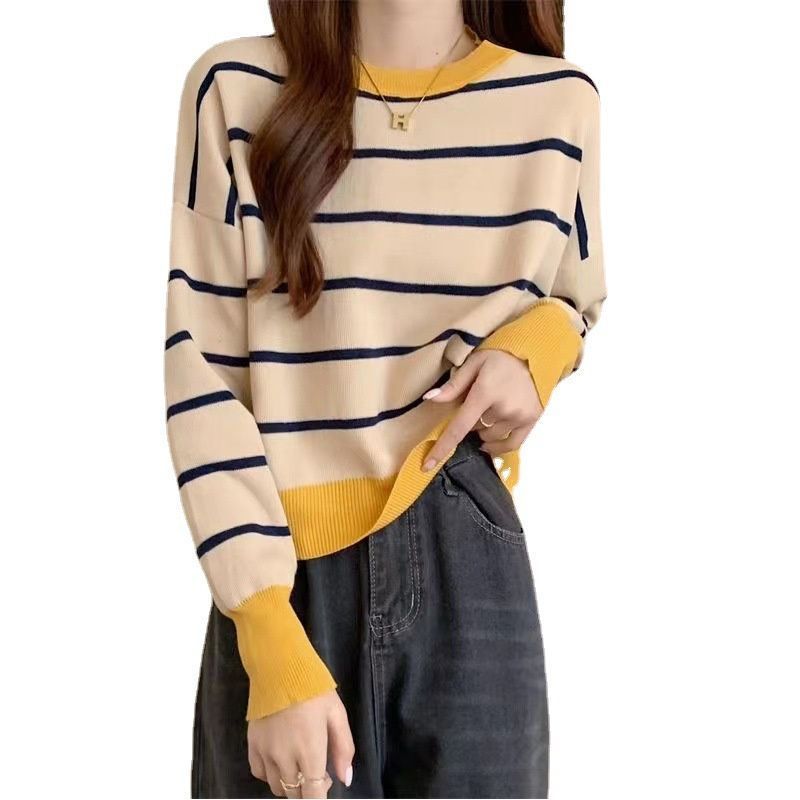Round Neck Striped Pullover Short Long Sleeve Slim Fit