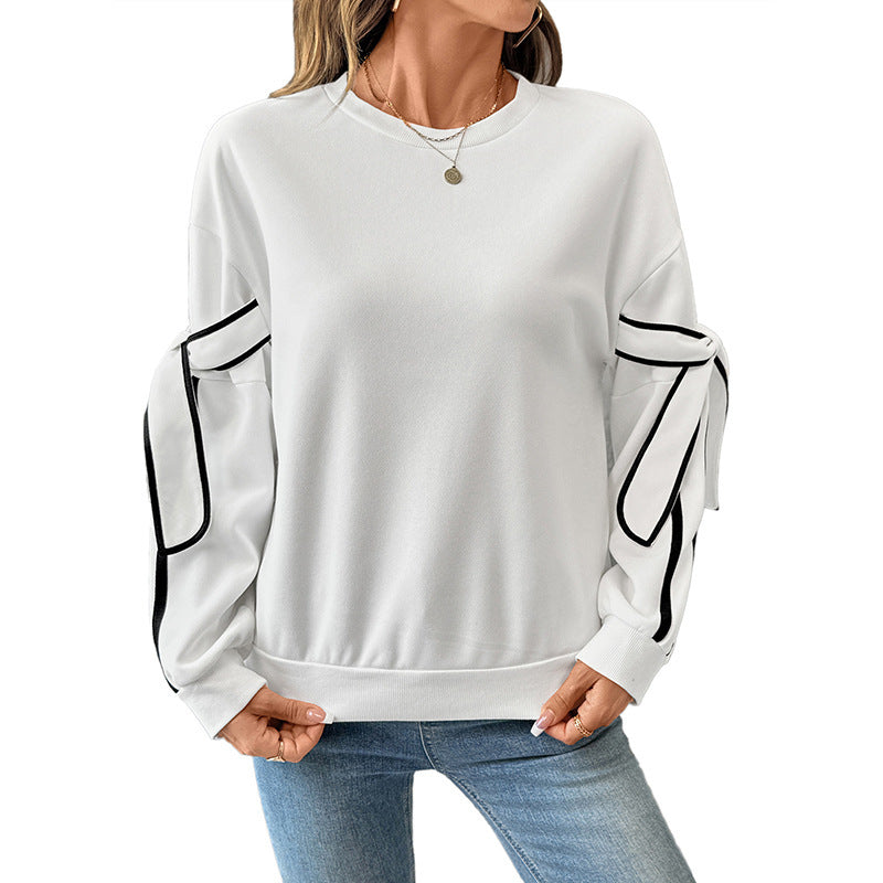 Bow Round Neck Long Sleeve Pullover Hoodie Women