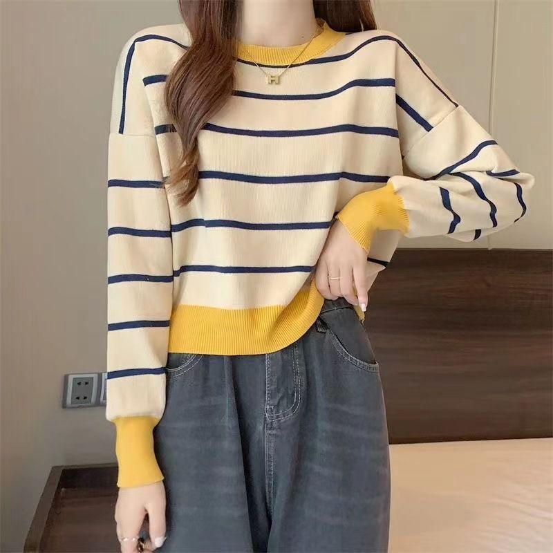 Round Neck Striped Pullover Short Long Sleeve Slim Fit