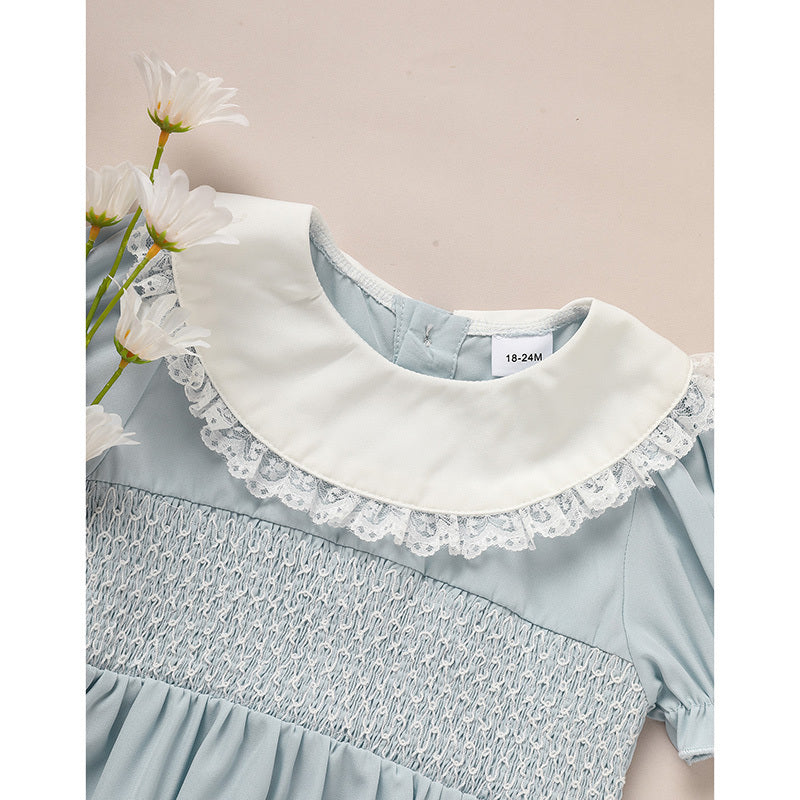 Toddler Girls' Smocked Dress Cute Puff Short Sleeves Lace Crew Neck, Adorable Princess Party Dress