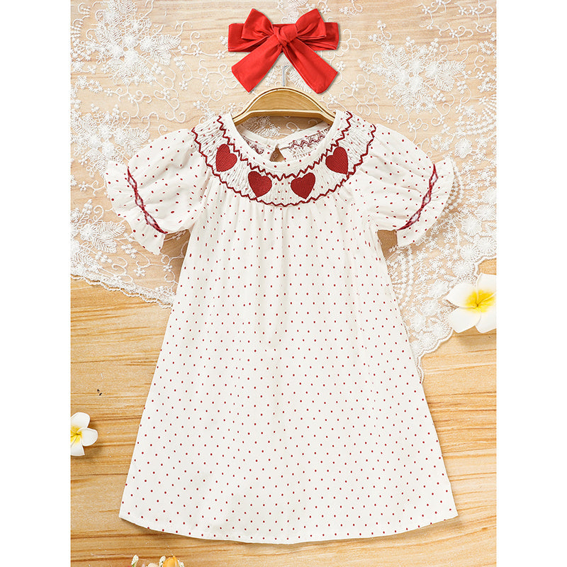 Baby Girl's Valentine's Day Dress Short Sleeve Red Heart Embroidery Dress With Headband Smocked Princess Party Dress