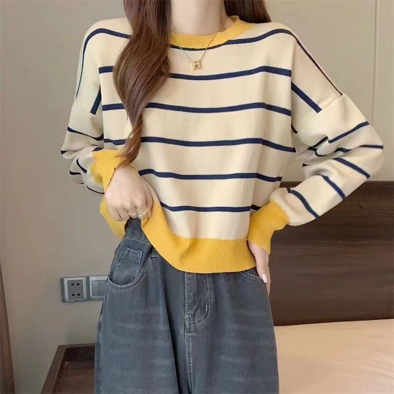 Round Neck Striped Pullover Short Long Sleeve Slim Fit