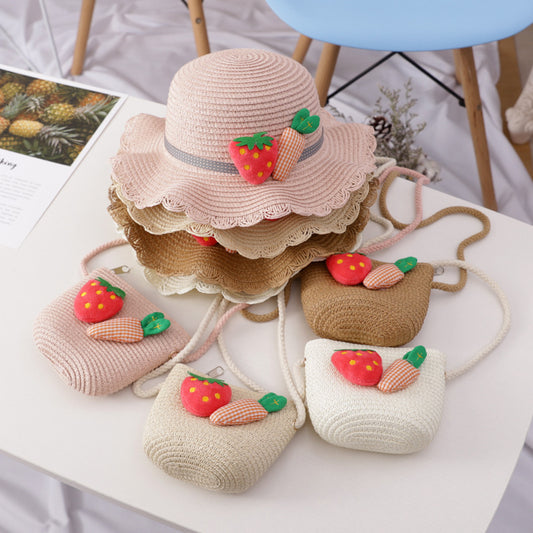 Summer Baby Flower Breathable Hat Straw Hat With Handbag Bags