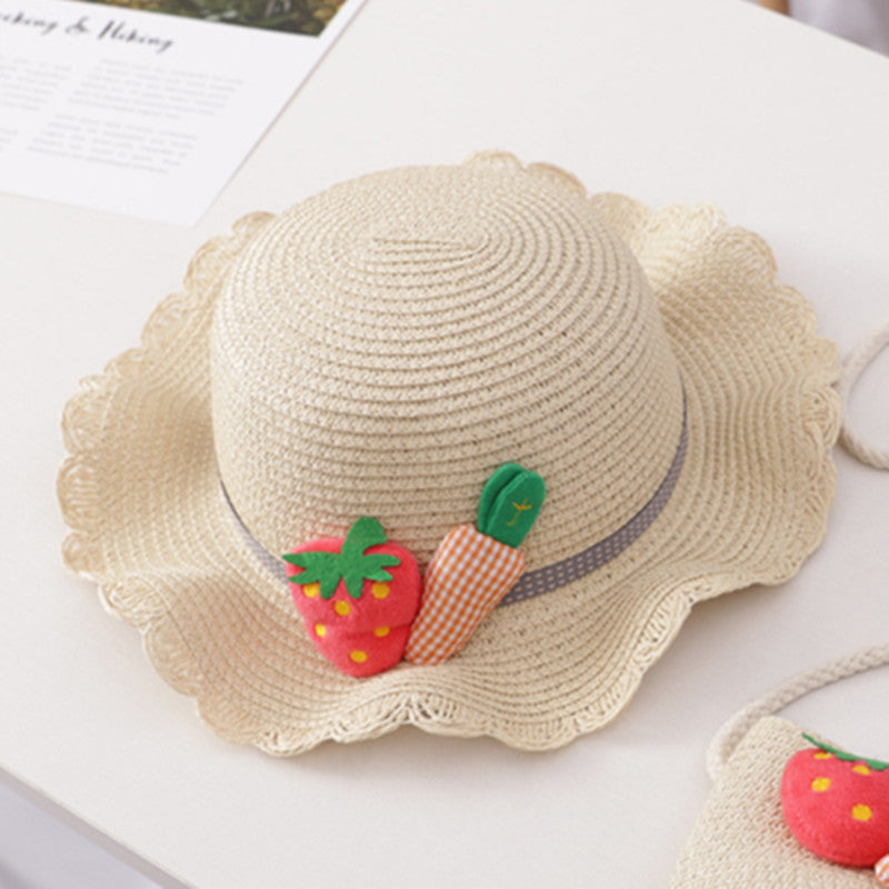 Summer Baby Flower Breathable Hat Straw Hat With Handbag Bags