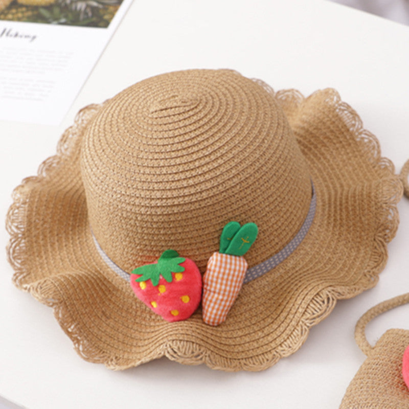 Summer Baby Flower Breathable Hat Straw Hat With Handbag Bags