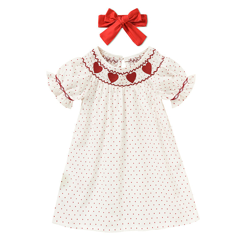 Baby Girl's Valentine's Day Dress Short Sleeve Red Heart Embroidery Dress With Headband Smocked Princess Party Dress