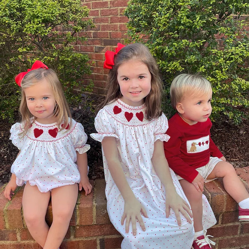 Baby Girl's Valentine's Day Dress Short Sleeve Red Heart Embroidery Dress With Headband Smocked Princess Party Dress