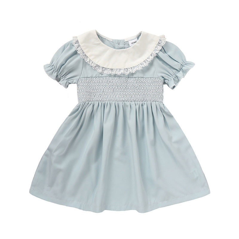 Toddler Girls' Smocked Dress Cute Puff Short Sleeves Lace Crew Neck, Adorable Princess Party Dress