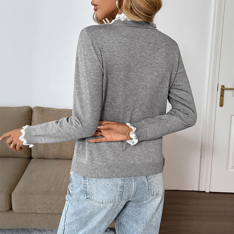 Lace Stitching Cardigan With Buttons Gray Sweater For Women
