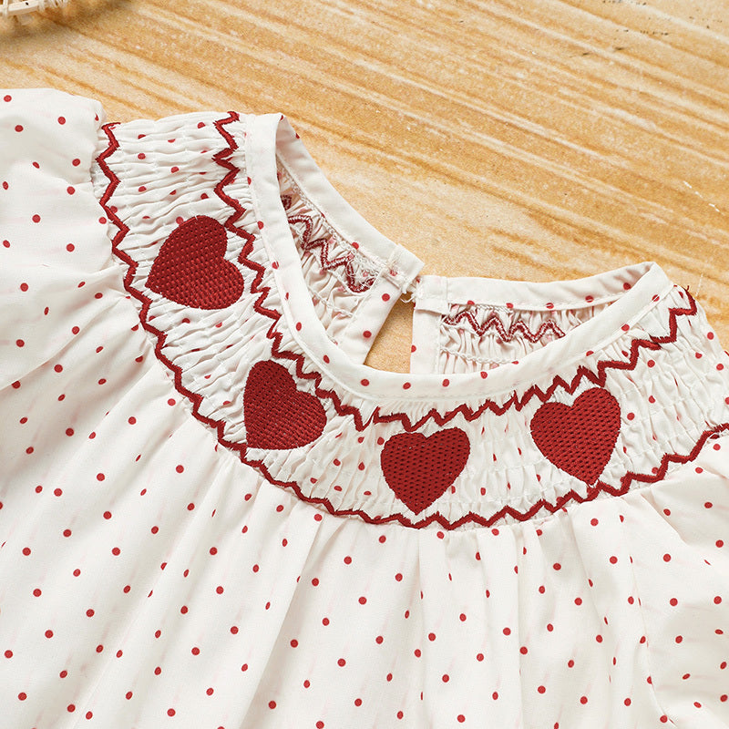 Baby Girl's Valentine's Day Dress Short Sleeve Red Heart Embroidery Dress With Headband Smocked Princess Party Dress