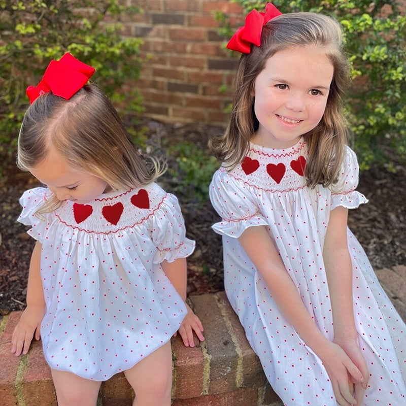 Baby Girl's Valentine's Day Dress Short Sleeve Red Heart Embroidery Dress With Headband Smocked Princess Party Dress