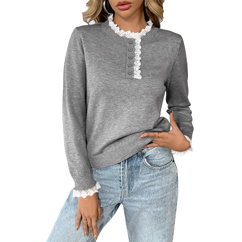 Lace Stitching Cardigan With Buttons Gray Sweater For Women