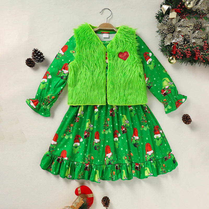 Toddler Kids Baby Girl Christmas Dress Outifts, Long Sleeves Cartoon Prints Party Dress With Heart Print Vest Coat Xmas Clothes Set