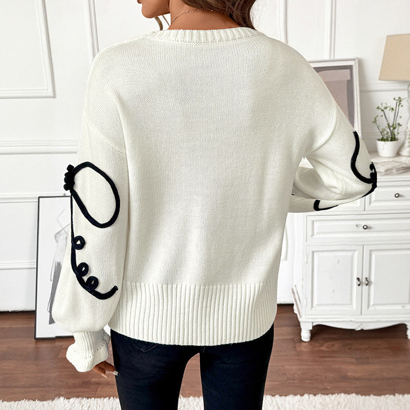 Loose Bow Decorative Round Neck Sweater For Women