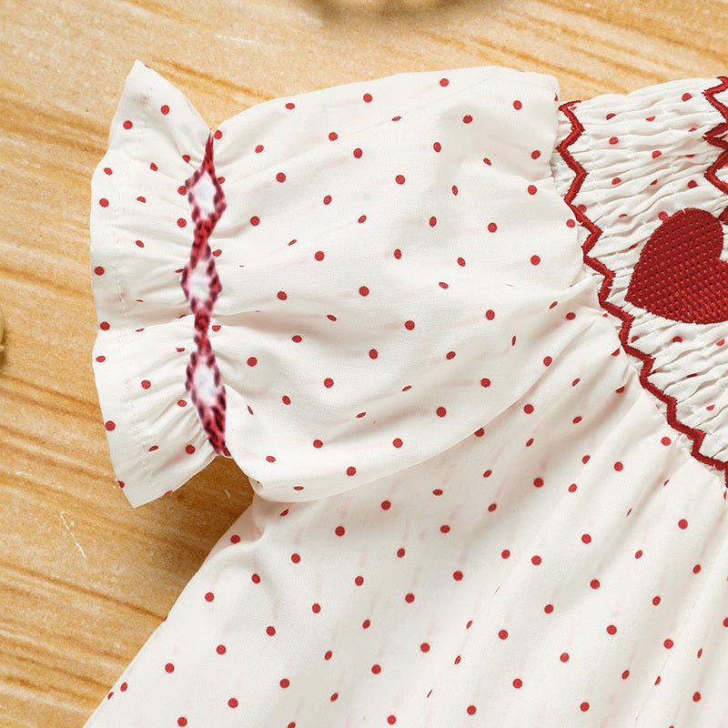 Baby Girl's Valentine's Day Dress Short Sleeve Red Heart Embroidery Dress With Headband Smocked Princess Party Dress