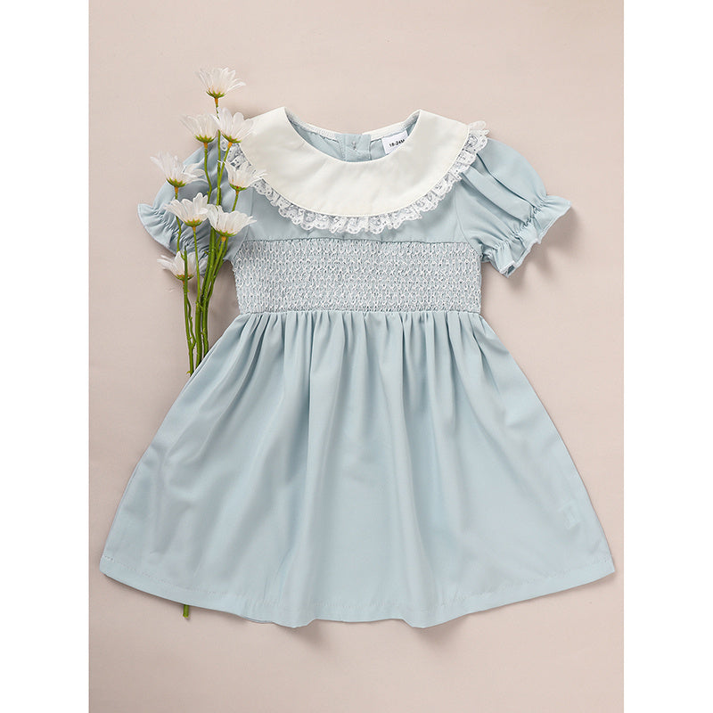 Toddler Girls' Smocked Dress Cute Puff Short Sleeves Lace Crew Neck, Adorable Princess Party Dress