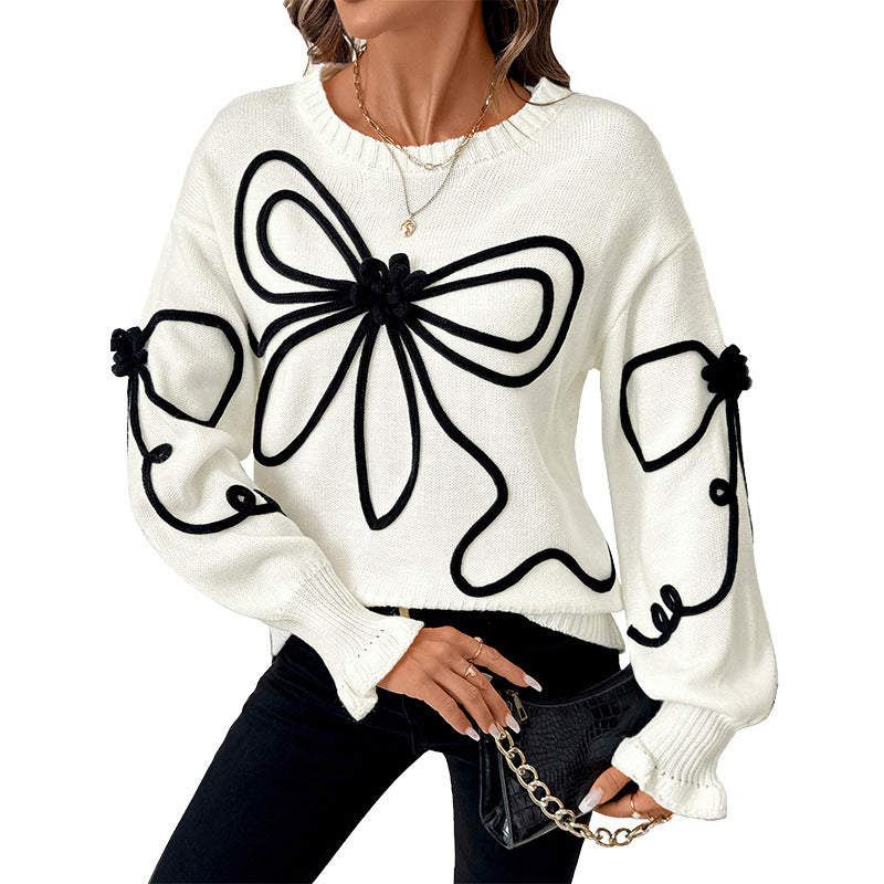 Loose Bow Decorative Round Neck Sweater For Women
