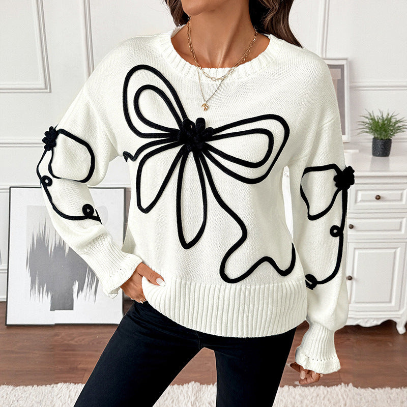 Loose Bow Decorative Round Neck Sweater For Women