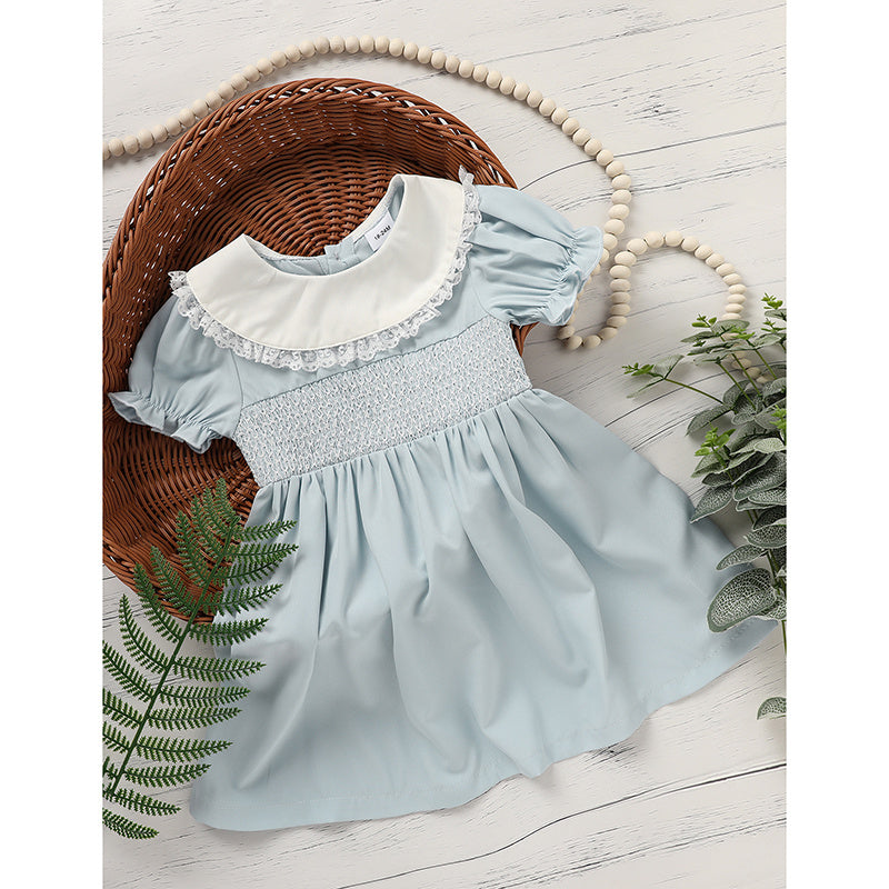 Toddler Girls' Smocked Dress Cute Puff Short Sleeves Lace Crew Neck, Adorable Princess Party Dress