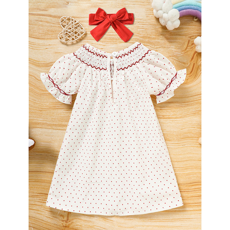 Baby Girl's Valentine's Day Dress Short Sleeve Red Heart Embroidery Dress With Headband Smocked Princess Party Dress