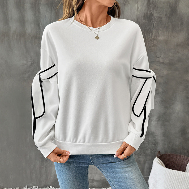 Bow Round Neck Long Sleeve Pullover Hoodie Women