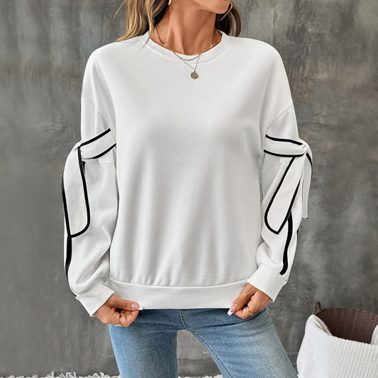 Bow Round Neck Long Sleeve Pullover Hoodie Women