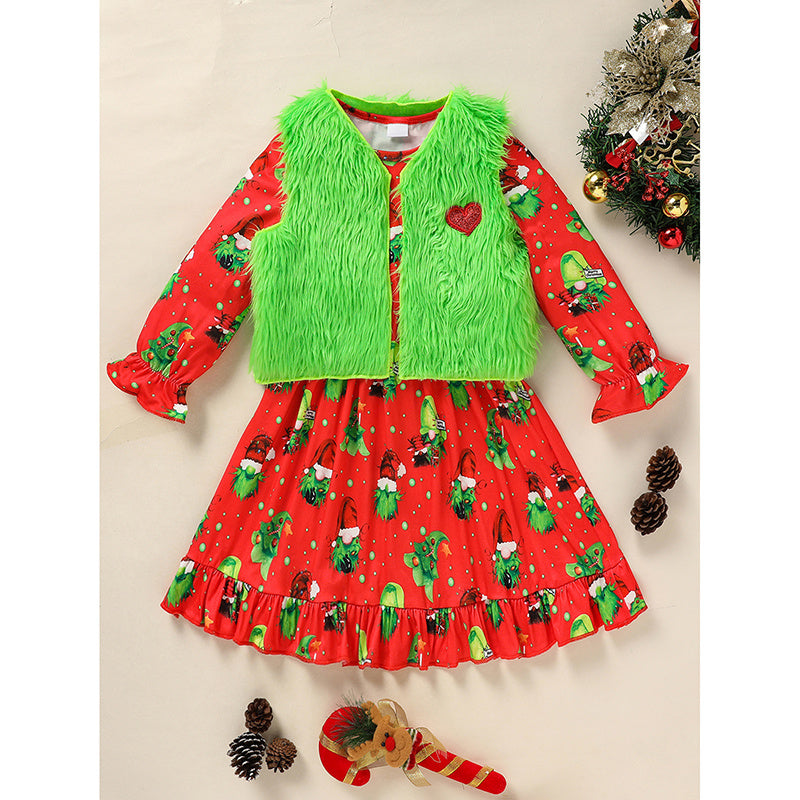 Toddler Kids Baby Girl Christmas Dress Outifts, Long Sleeves Cartoon Prints Party Dress With Heart Print Vest Coat Xmas Clothes Set