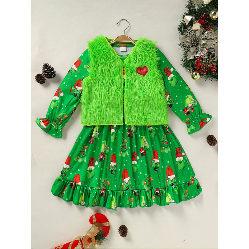 Toddler Kids Baby Girl Christmas Dress Outifts, Long Sleeves Cartoon Prints Party Dress With Heart Print Vest Coat Xmas Clothes Set