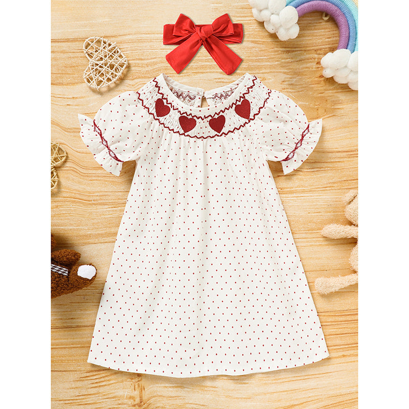 Baby Girl's Valentine's Day Dress Short Sleeve Red Heart Embroidery Dress With Headband Smocked Princess Party Dress