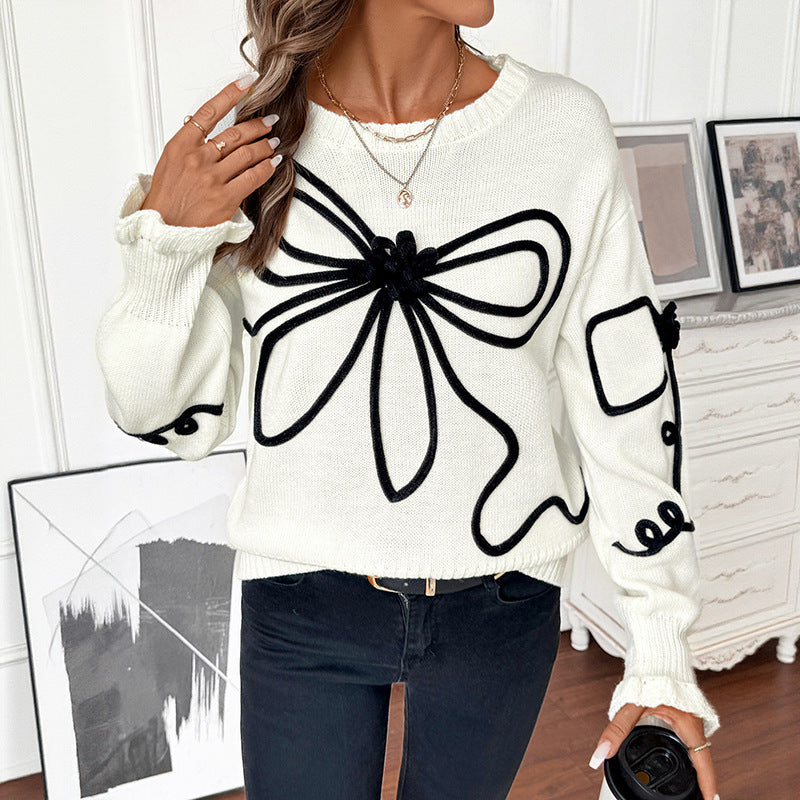 Loose Bow Decorative Round Neck Sweater For Women
