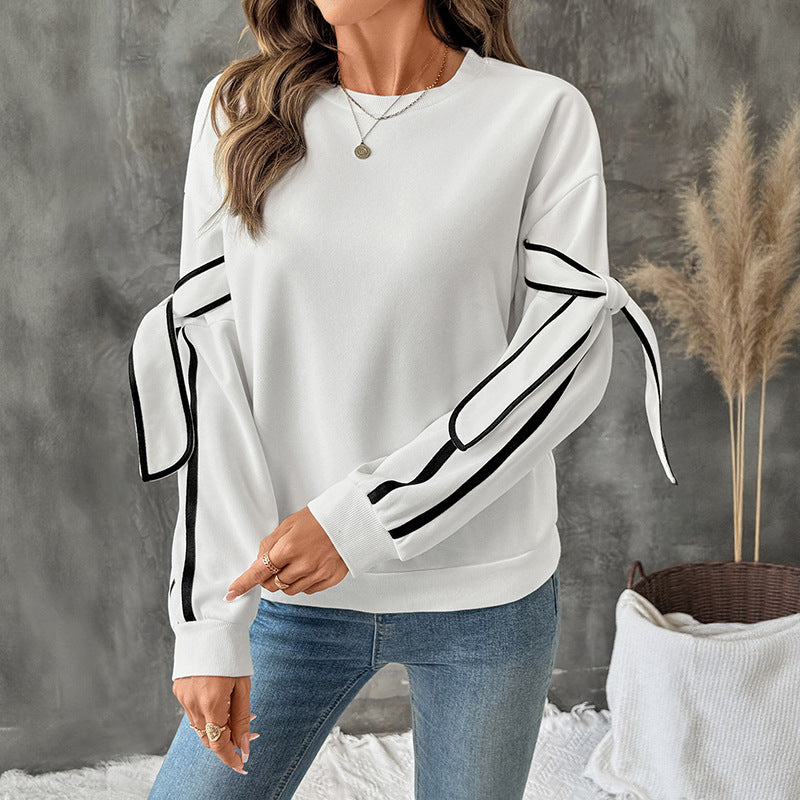 Bow Round Neck Long Sleeve Pullover Hoodie Women